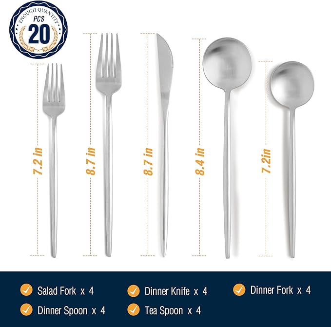 BirdyFly Silverware Set, 20 Piece Stainless Steel Flatware Set Service for 4, Cutlery Set, Include Knives/Forks/Spoons, Dishwasher Safe