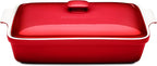 Stoneware Casserole Dish Bakeware Set with Lid, Covered Rectangular Dinnerware, Extra Large 4.23 Quart, 13 by 9 Inch, Deep Red