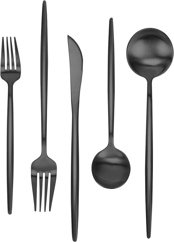 Matte Black Silverware Set 30 Pieces, FAMEWARE Stainless Steel Flatware Set，Service for 6，Kitchen Utensil Set, Tableware Cutlery Set, Satin Finished Polished & Dishwasher Safe