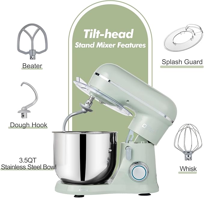 Kitchen in the Box Stand Mixer, 3.5 QT Small Kitchen Electric Stand Mixers, 10-Speed Portable Lightweight Dough Mixer for Daily Use with Egg Whisk, Dough Hook, Beater (Light Green)