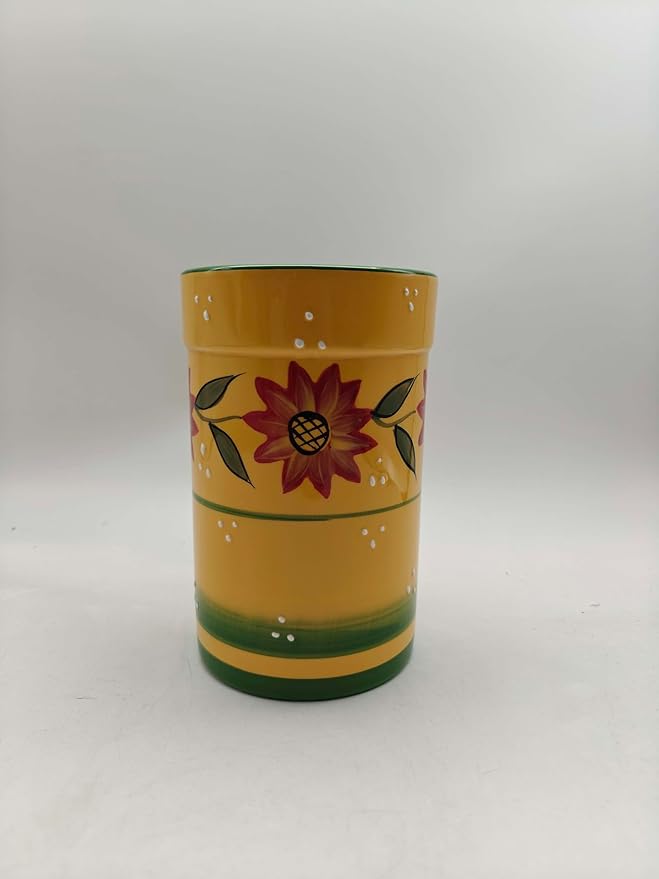 ACK Country Sunflower Hand Painted Ceramic Utensil Jar With Wooden Tool, Utensil Holder, Utensil Crock, Modern Kitchen Decor, Kitchen Storage for for Spoon, Ladle, Spatula and More