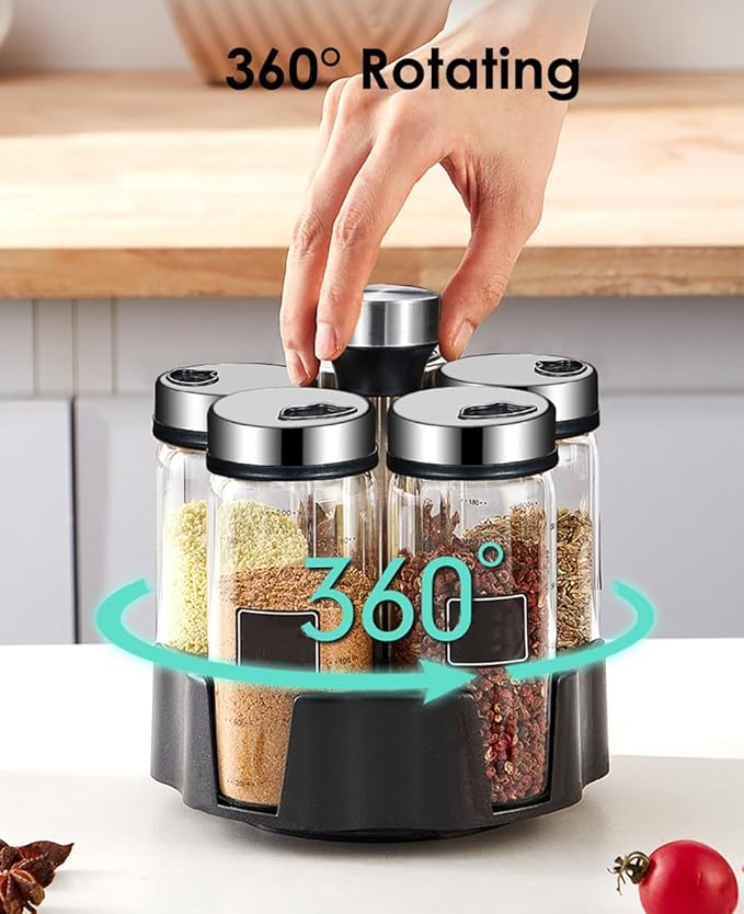 TINMIX Revolving Spice Rack Organizer, Rotating Seasoning Holder Shelf for Kitchen Countertop Cabinet, 4 Large 200ml Glass Jars + 1 Oil Dispenser Bottle