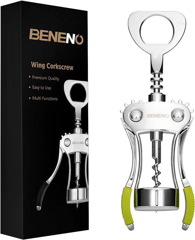 Beneno Wine Opener, Zinc Alloy Premium Wing Corkscrew with Multifunctional Bottles Opener, Sharp Wine Corkscrew with Ergonomic Non-Slip Wing Handle, Upgrade Green