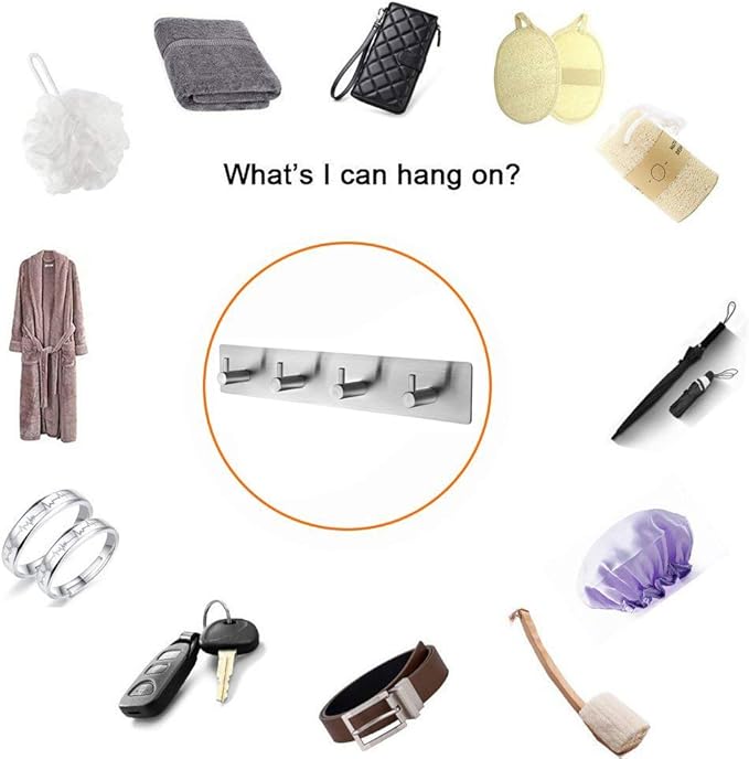 Self Adhesive Stainless Steel Hooks, Wall Mounted Heavy Duty Hanger, Key Rack Towel Hooks for Bathroom, Living Room, Kitchen (4 Hooks)