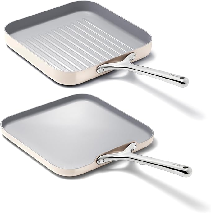 Caraway Griddle Pan & Grill Pan Duo - Non-Stick Ceramic Coated - Non Toxic, PTFE & PFOA Free - Oven Safe & Compatible with All Stovetops – Cream