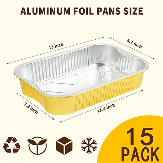 15 Pack 9x13 Aluminum Foil Pans with Lids Half Size Extra Heavy Duty, Gold Aluminum Foil Baking Pan Double Thick Tin Foil Food Container with Lids for Baking, Roasting, Cooking or Steam Table