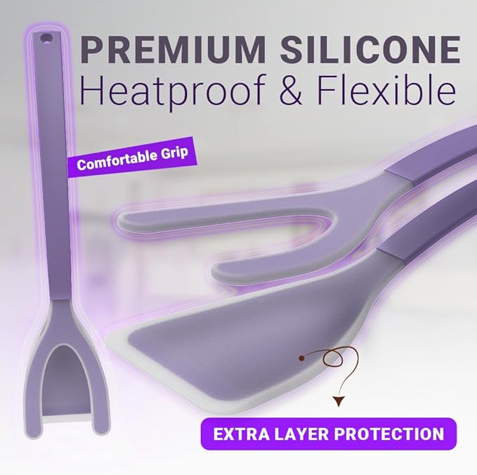 Silicone Egg Flipper Spatula Tongs (Set of 1) – Non-Stick 2-in-1 Grip & Flip Kitchen Tongs for Pancakes, Fish, Eggs, and More – Heat Resistant Cooking Tool (Black) (Purple)