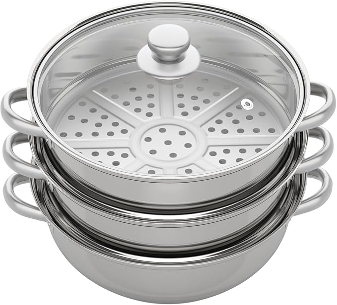 3-Tier Stainless Steel Steamer Pot with Explosion-Proof Glass Lid, 11'' Food Steamer Cooker, Stackable Pan Insert for Induction/Gas/Electric Stoves, 3 Separate Steam Cookware Pot Saucepan