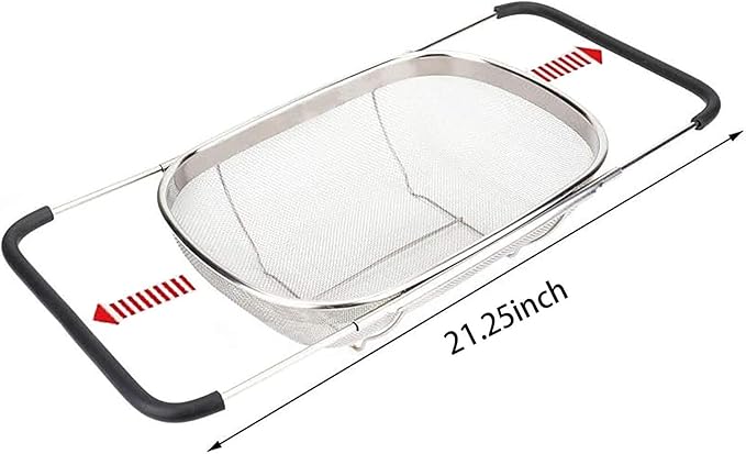 Over The Sink Stainless Steel Oval Colander with Expandable Rubber Grip Handles Strainers, Fine Mesh Strainer Basket Kitchen 6 Quarts Colander for Strain, Drain, Rinse Fruits, Vegetables