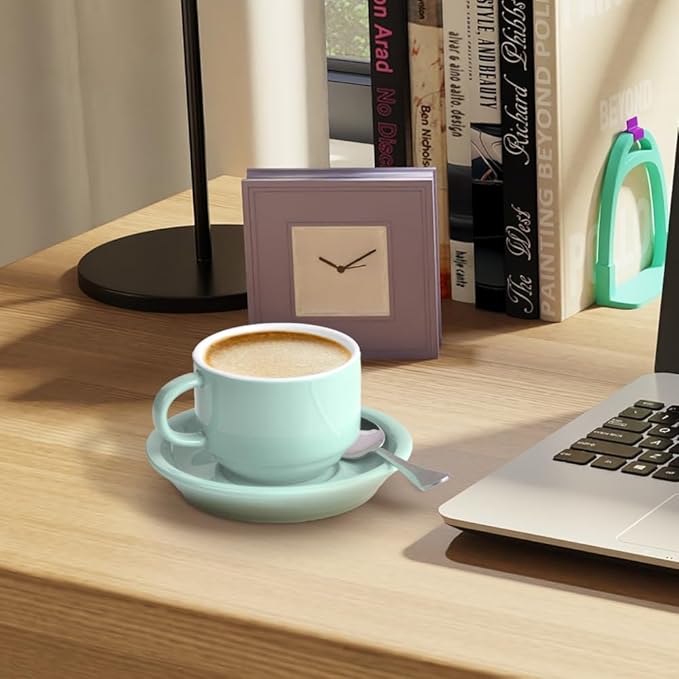 homEdge Premium Espresso Shot Cups and Saucers Set with Espresso Stainless Steel Spoons - 2.5 oz, Set of 4, Mint Green