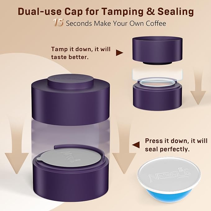 Nessus Reusable Vertuo Capsule Kit, [ALSeal EZ FIT] for Refillable Pods with 100 Pcs Aluminum Foil Seal Lids, Holder, Brush, for Refilling Vertuo Pods Reusable Vertuoline Pod(Purple)