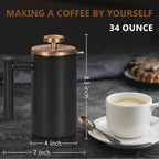 Black Stainless Steel French Press Coffee Maker, Double Wall Insulated French Press,for Coffee&Tea,with 3 Extra Screens and a Coffee Spoon,34oz/1000ml,Gold