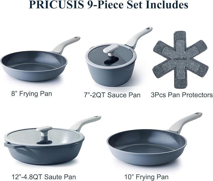 Nonstick Pots and Pans Set, 9 Pieces Non Toxic Ceramic Cookware, Nonstick Pan Skillet, Healthy Frying Pan, PTFE PFOA & PFAS Free, Induction Compatible, Gray