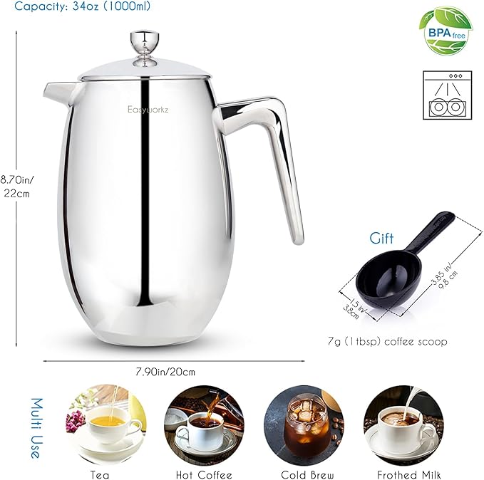 Easyworkz Nando French Press 34 oz Double Wall Insulated Thermal Coffee Maker,304 Stainless Steel Cafetiere