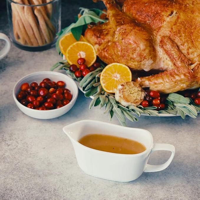 Kook Gravy Boat, Ceramic Serving Dish, Dispenser for Sauces, Dressings and Creamer, Large Handle, Microwave and Dishwasher Safe, 14 oz, White