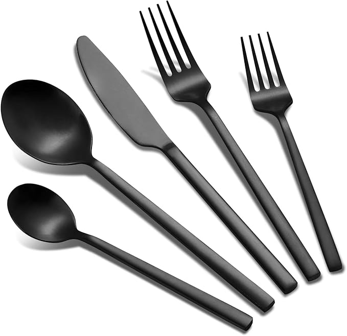 40-Piece Black Silverware Set, Rectangular Flatware Set for 8, Matte Polished Stainless Steel Cutlery Set, Food-Grade Utensils Set, for Home Kitchen Restaurant, Dishwasher Safe