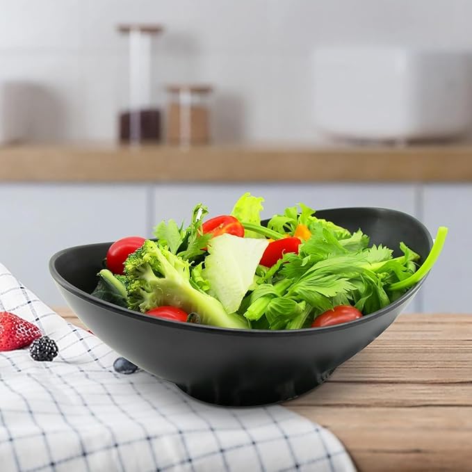 JOYMAY Oval Salad Bowls Set, 34oz Serving Bowls for Kitchen 8.8" Large Bowls for Soup, Oatmeal, Pasta, Snacks, Deep Soup Bowls Set for Salad, Fruit, Vegetable, Ramen, 6PC-Black