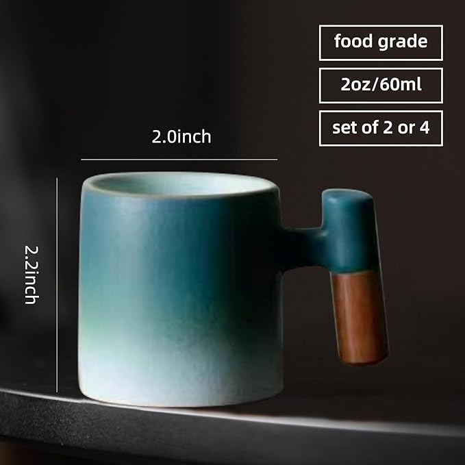 2-Oz Ceramic Espresso Cups with Wood Handle, 2/4-Piece Set for Coffee, Tea, Latte - Dishwasher Safe, Multi-Color & Wood Styles, Gift & Café Use (blue white, Wooden Handle4)