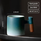 2-Oz Ceramic Espresso Cups with Wood Handle, 2/4-Piece Set for Coffee, Tea, Latte - Dishwasher Safe, Multi-Color & Wood Styles, Gift & Café Use (blue white, Wooden Handle4)