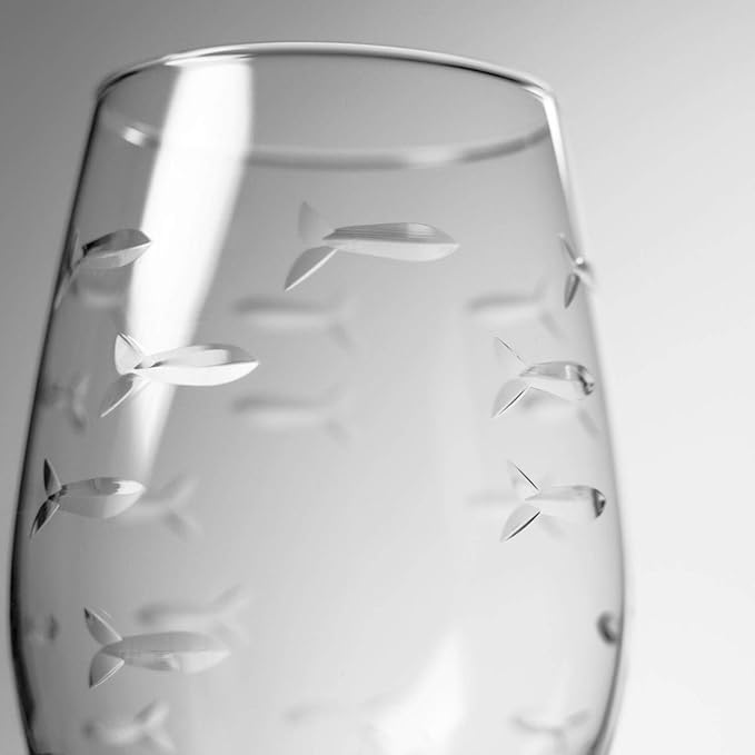 Rolf Glass School of Fish 18oz All Purpose Wine Glass | Set of 4 | Large Wine Glasses | Lead-free Crystal Glass | Engraved Wine Glasses | Made in the USA