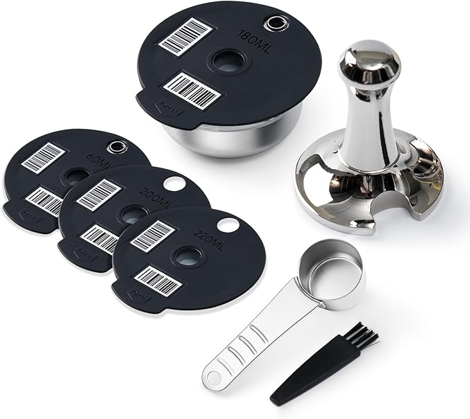Stainless Steel Reusable Tassimo Pods with 4 Black Silicone Lid 60/180/200/220ml RefillableTassimo Coffee Pads wtih Tamper Compatible for Bosch Tassimo Machine