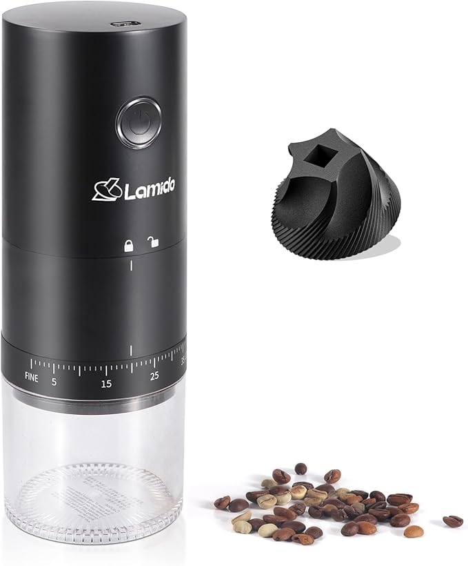 Lamido Portable Electric Coffee Grinder with Ceramic Burr - 38 Adjustable Grind Settings, One-Touch Operation, USB-C Rechargeable, Auto-Stop Function for Espresso, French Press, Travel & Home Use