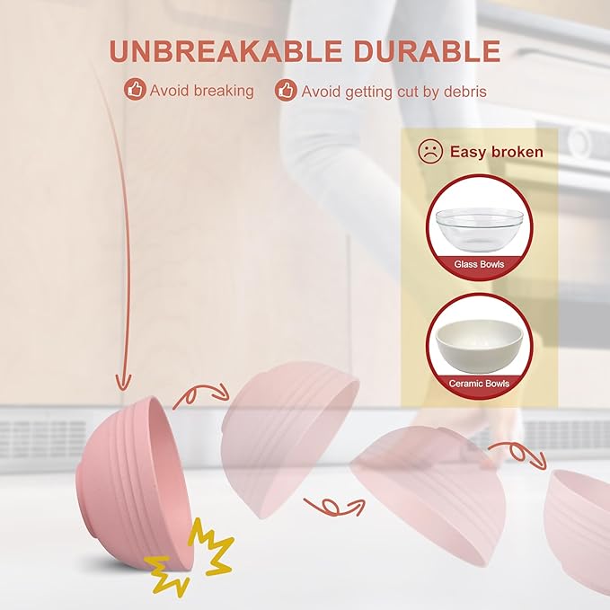 HOTEC Unbreakable Wheat Straw Cereal Bowls - Microwave & Dishwasher Safe Soup and Salad Bowls, Set of 8, 26oz, BPA Free,Pink