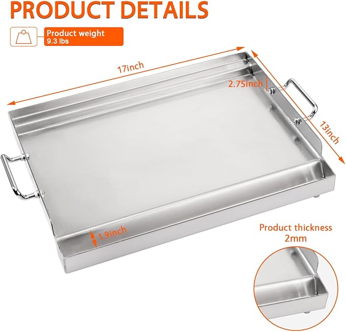 LotFun 32" x 15" Stainless Steel Cooking Griddle for Outdoor Gas Grill, Universal Griddle Flat Top Plate Insert with Grease Groove and Removable Handles for Electric/Charcoal/Gas Grill, Camping,Party