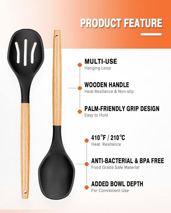Large Silicone Cooking Spoons, 2 Pack Nonstick Solid and Slotted Wooden handle Spoon Set, Heat Resistan Silicone Kitchen Spoons for Cooking, Serving, Basting, Mixing (Black)