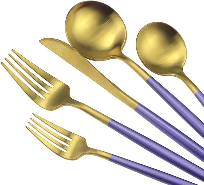 Gugrida Royal 20 Piece Matte Purple Handle 18/10 Stainless Steel Tableware Sets for 4 Including Forks, Spoons, Knives, Camping Silverware Travel Utensils Set Cutlery