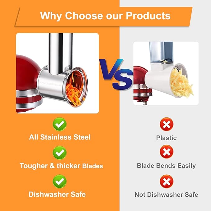 Large Stainless Steel Slicer Shredder Attachment for KitchenAid Mixers,Dishwasher Safe Vegetable Cheese Grater Accessories with 4 Cutting Blades by KINGEAGLE