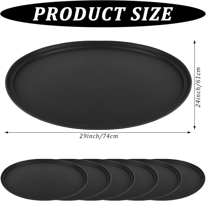 6 Pcs 24 Inch x 29 Inch Large Restaurant Serving Trays, Black PP Plastic Non Slip Tray,Oval Plastic Food Serving Tray with Raised Edges for Home Kitchen Restaurant Cafeterias Fast Food Service
