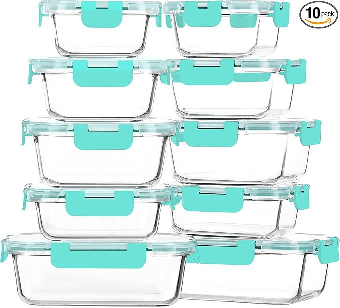 M MCIRCO 10-Pack Glass Food Storage Container with Lids, Airtight Glass Lunch Bento Boxes, Glass Meal Prep Container,Microwave, Oven, Freezer and Dishwasher Friendly, Green