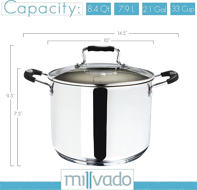 Stock Pot, 8.4 Quart Stainless Steel, Large StockPot With Clear Glass Lid, Steam Hole, Permanent Measurement Markings, Gas, Electric and Induction Compatible Boiling Pot