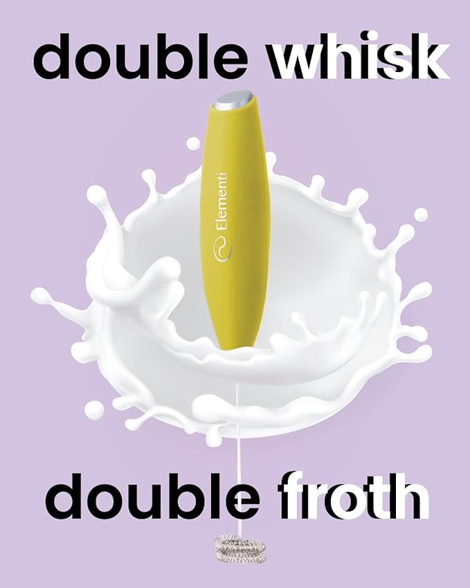 Elementi Milk Frother Handheld Double Whisk - Coffee Frother, Electric Stirrer & Matcha Whisk - Handheld Drink Mixer for Coffee (Yellow)