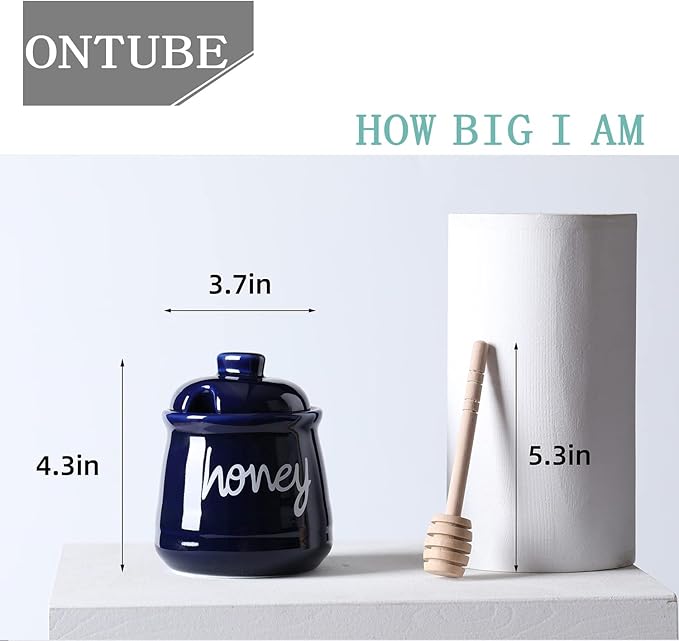 ONTUBE Honey Jar with Dipper and Lid, Ceramic Honey Pot 12oz (Navy)