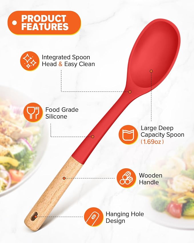 Silicone Cooking Spoons, Great for Scooping Sides and Serving Hearty Stews, BPA-Free Matte Silicone, Wooden Handle Serving Spoon for Nonstick Cooking Surfaces (Red)