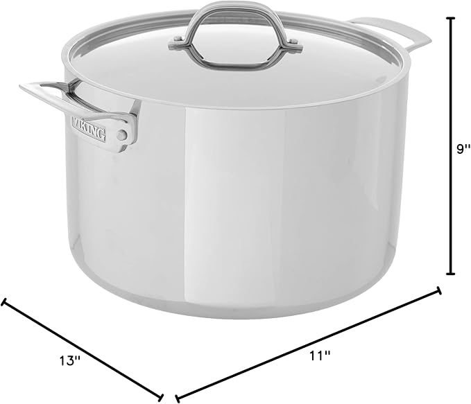 Viking 3-Ply Stainless Steel Stock Pot, 12 Quart Soup Cooking Pot with Lid, Kitchen Cookware, Dishwasher and Oven Safe, Induction Ready, Silver