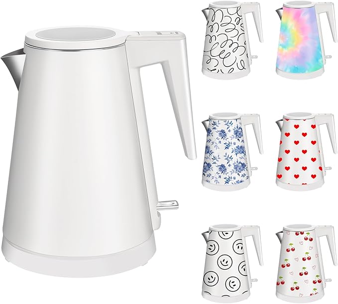 1.2L Double Wall Stainless Steel Interior Water Boiler, Cordless, 1000W Fast Boil with LED Light Coffee Pot & Tea Electric Kettle, Auto Shut-Off and Boil-Dry Protection (White)