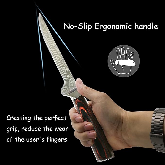 Premium Boning Knife with Sheath & Pocket Sharpener 6 Inch High Carbon Stainless Steel Japanese Fillet Professional Trimming Knife for Meat, Fish, Deboning