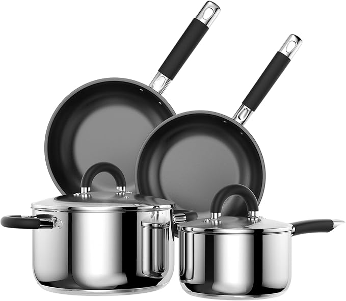 5 Ply Base Pots and Pans Set, 18/8 Stainless Steel Cookware Set of 6, Non Stick Frying Pans, Dishwasher Safe