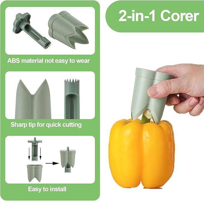 2PCS Pepper Corer,Chili Seed Remover Tool,Durable ABS Kitchen Gadget for Bell & Chili Peppers, 2-in-1 Design, Easy Twist Use, Ideal for Home Cooking, Camping(Green)