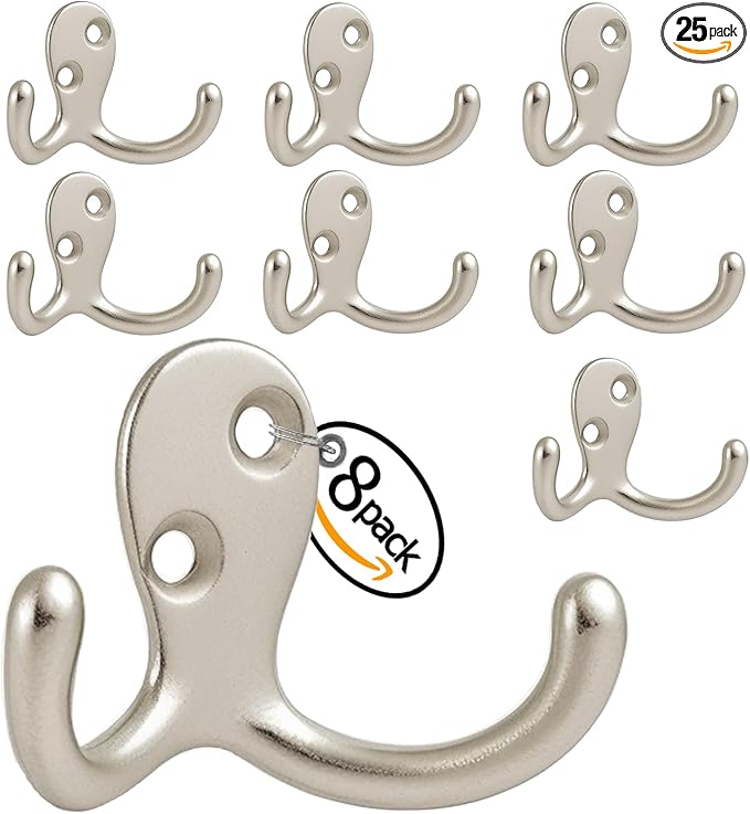 Coat Hooks Wall Hooks for hanging - 8 pack Silver Double Prong Hook Wall Mounted - Great for Living Room, Kitchen, Bedroom for Coat, Bag, Scarf, Towel, Hat, Key, Cup,Sturdy, Durable, Rust-Resistant