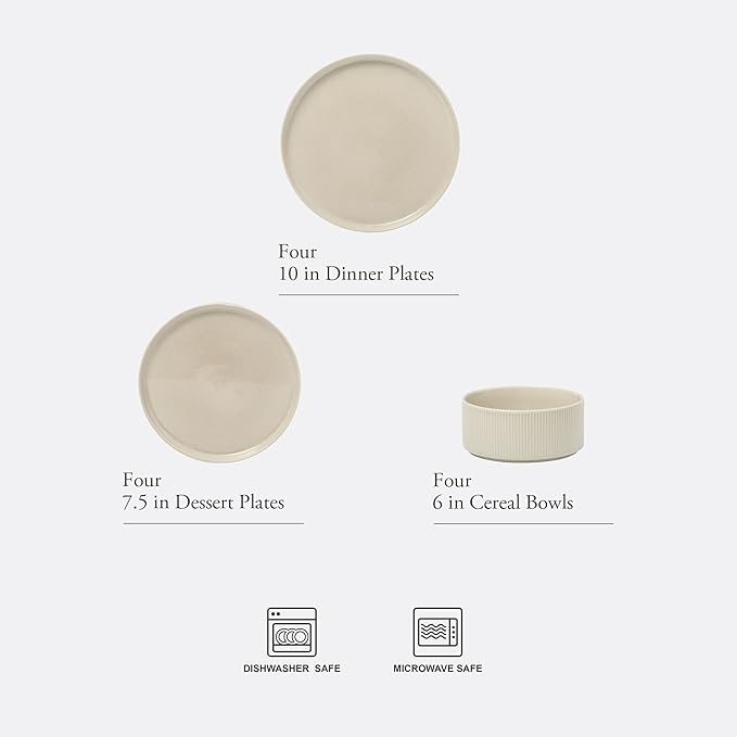 Gibson Elite Solana Coast 12 Piece Stoneware Reactive Glaze (Service for 4) Ceramic Plates and Bowls Modern Shape Embossed Dinnerware Set - Cream White