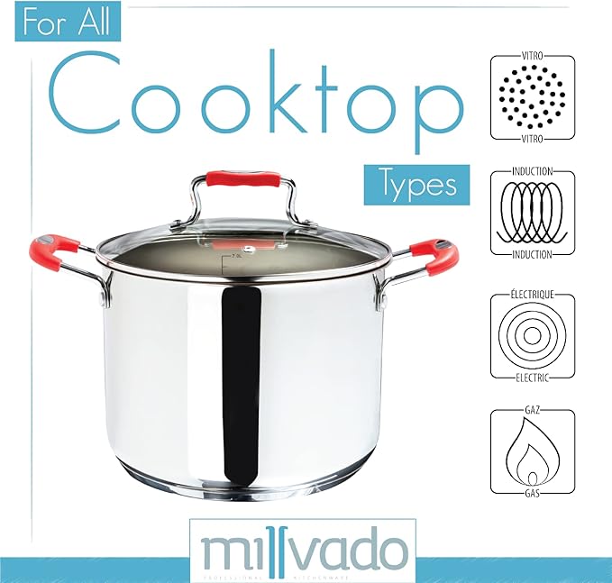 Stock Pot, Large Stainless Steel 11 Quart StockPot, Large Cooking Pot, Clear Glass Lid and Measurement Markings, Steam Hole, Induction, Gas, Electric Compatible Big Boiling Pot