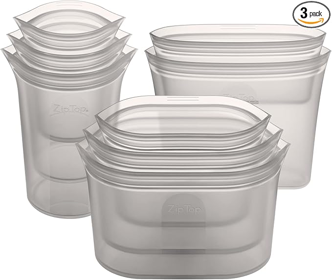 Zip Top Reusable Food Storage Bags | Full Set of 8 [Gray] | Silicone Meal Prep Container | Microwave, Dishwasher and Freezer Safe | Made in the USA