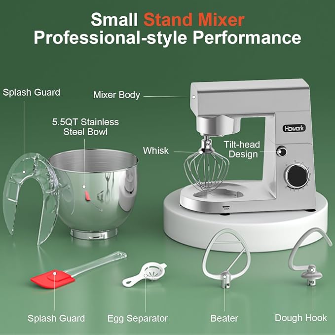 HOWORK Stand Mixer,10+p Speeds With 5.5QT Stainless Steel Bowl,Dough Hook, Wire Whip & Beater,for Most Home Cooks,Silver