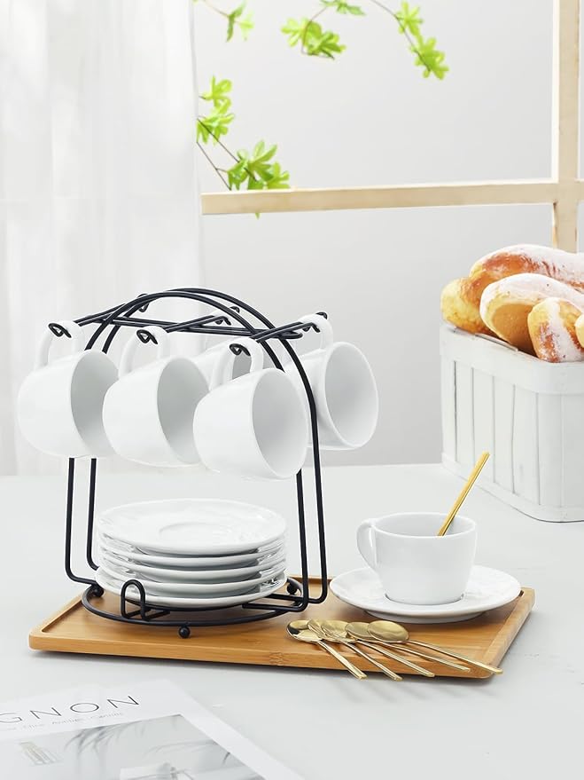 Yedio 4 oz Espresso Cups with Saucers and Metal Stand, Spoons, Porcelain Stackable Coffee Cups, Demitasse Cups, Perfect for Single or Double Espresso, Cappuccino, Latte and Tea - Set of 6, White