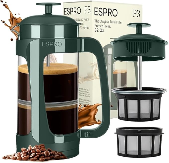 ESPRO P3 French Press Coffee Maker – Patented Double Micro-Filter for Grit-Free Brew, Heat Resistant thicker Borosilicate Glass Coffee press – Green (32 oz)
