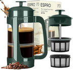 ESPRO P3 French Press Coffee Maker – Patented Double Micro-Filter for Grit-Free Brew, Heat Resistant thicker Borosilicate Glass Coffee press – Green (32 oz)